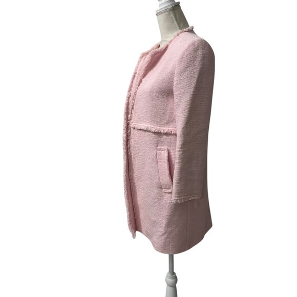 Zara Woman Pink Textured Open Front Tweed Coat With Fringe Trim Size Small - Picture 3 of 9